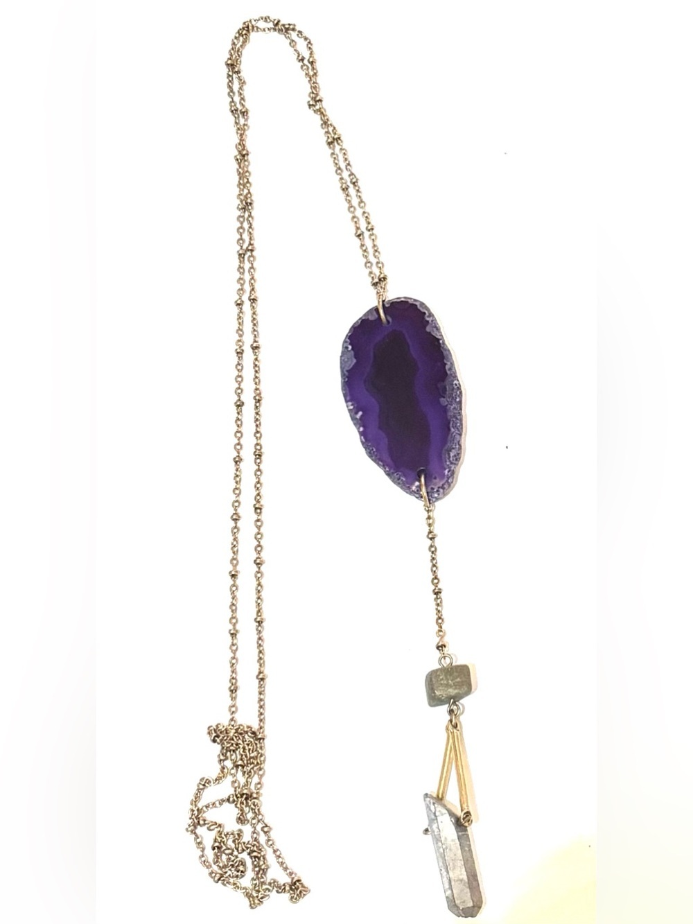 Gold Chain Necklace with Purple Agate Slice and Crystal Drop